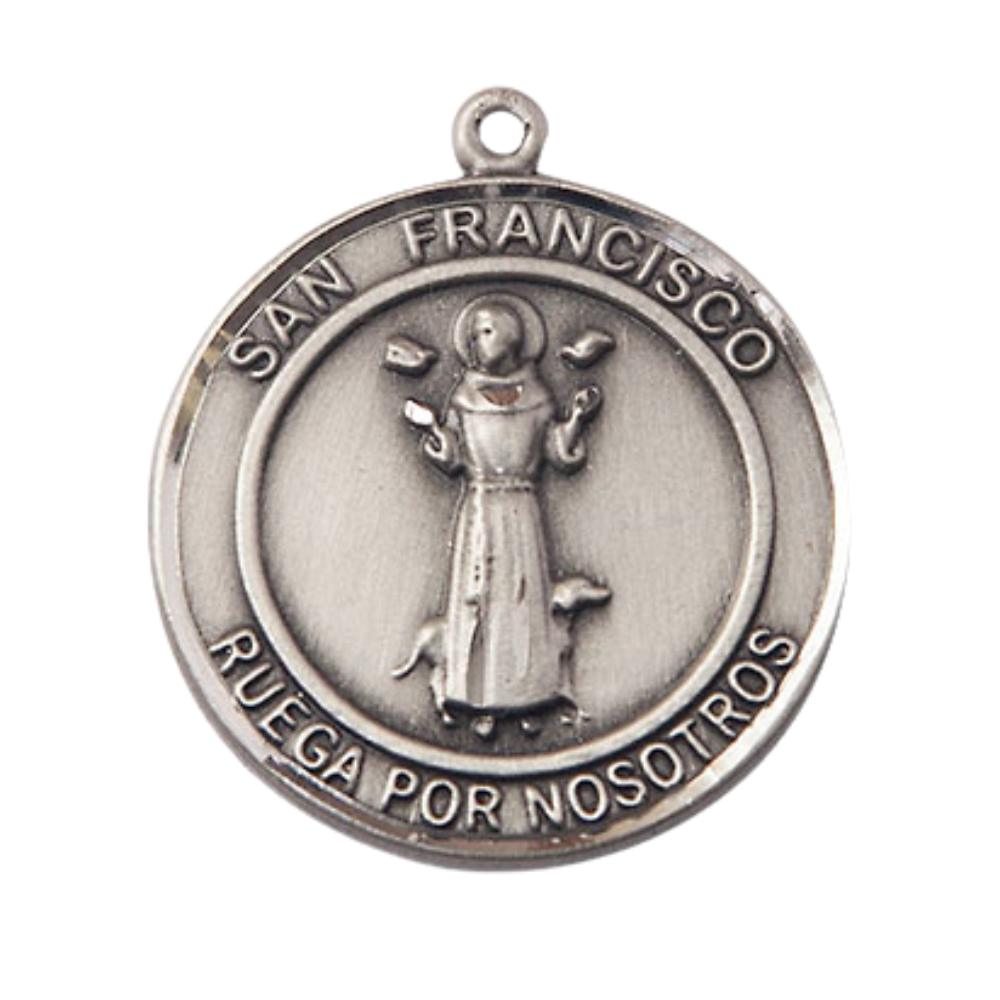 Spanish Script Women's Pewter Saint St. Francis of Assisi Medal Pendant on 18 Inch Rhodium Plated Lite Curb Brass Chain, Catholic Religious Necklace with Lobster Claw Clasp - Made in USA, Comes in Deluxe Velvet Gift Box