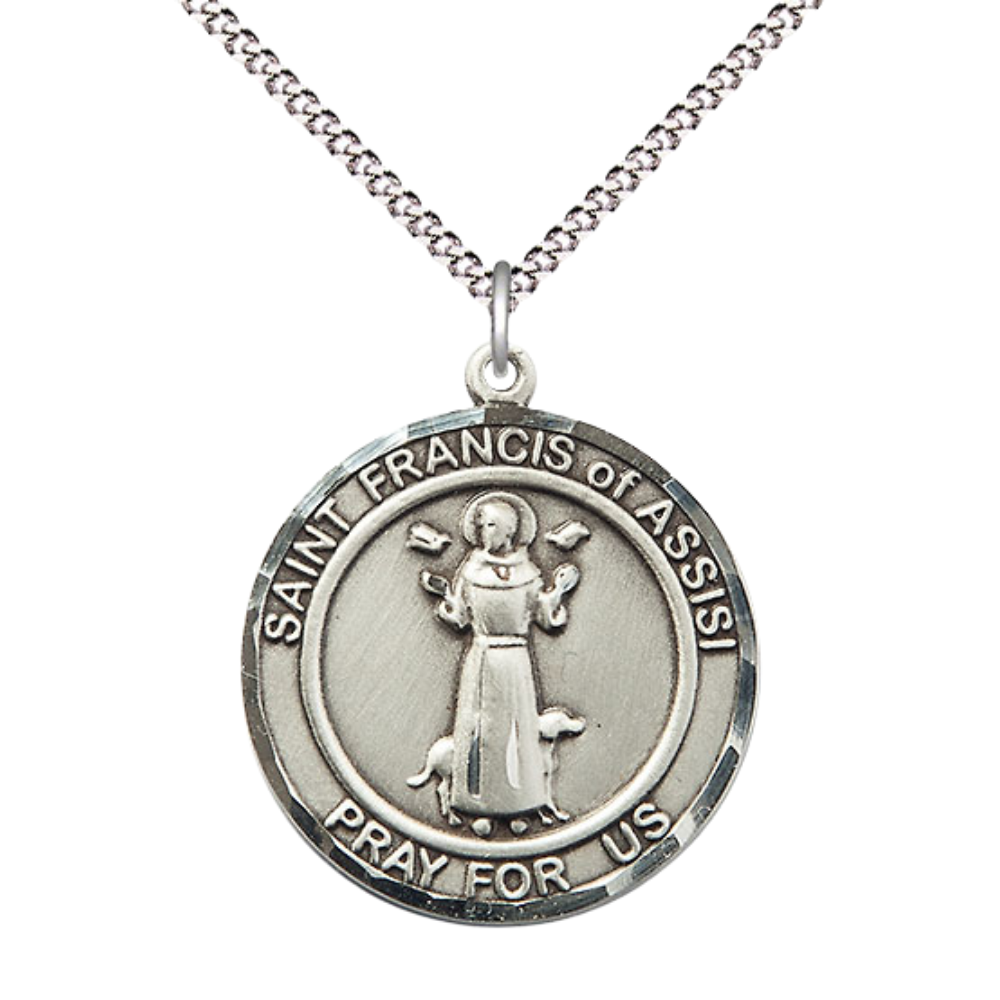 Women's Pewter Saint St. Francis of Assisi Medal Pendant on 18 Inch Rhodium Plated Lite Curb Brass Chain w/ Lobster Claw Clasp, Catholic Religious Necklace - Made in USA- Deluxe Velvet Gift Box