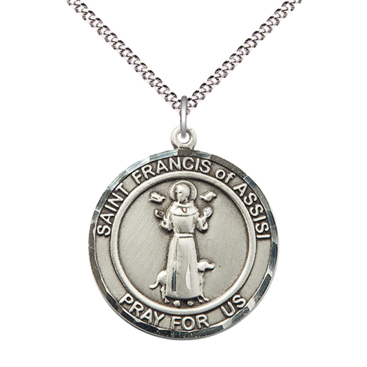 Women's Pewter Saint St. Francis of Assisi Medal Pendant on 18 Inch Rhodium Plated Lite Curb Brass Chain w/ Lobster Claw Clasp, Catholic Religious Necklace - Made in USA- Deluxe Velvet Gift Box