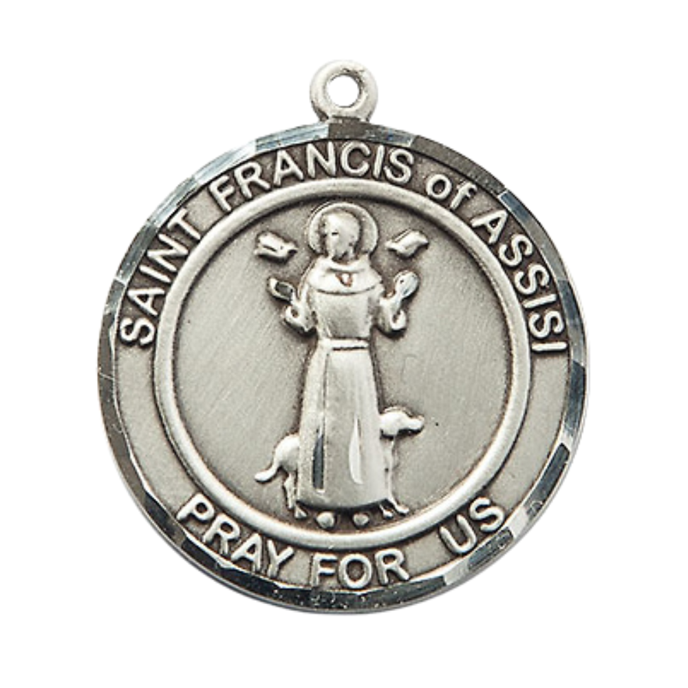 Round Pewter Saint St. Francis of Assisi Medal Pendant on 24 inch Rhodium Plated Heavy Curb Brass Chain with Lobster Claw clasp, Catholic Religious Necklace - Made in USA- Deluxe Velvet Gift Box