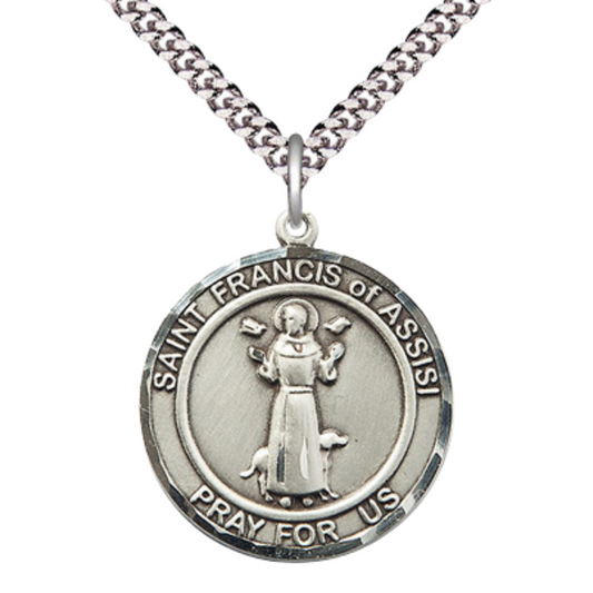 Round Pewter Saint St. Francis of Assisi Medal Pendant on 24 inch Rhodium Plated Heavy Curb Brass Chain with Lobster Claw clasp, Catholic Religious Necklace - Made in USA- Deluxe Velvet Gift Box