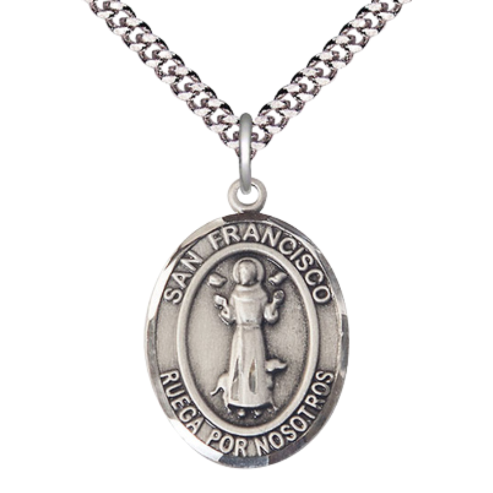 Everlasting Light Jewelry Men's Pewter San Francis Medal Pendant Necklace with 24 - Inch Rhodium Plated Chain – Patron Saint St. of Animals and Nature – Catholic Gift in Velvet Box