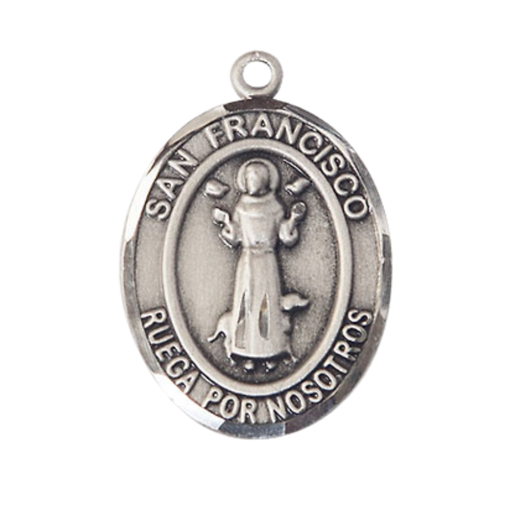 Spanish Script Women's Pewter Saint St. Francis of Assisi Medal Pendant on 18 Inch Rhodium Plated Lite Curb Brass Chain, Catholic Religious Necklace with Lobster Claw Clasp - Made in USA, Deluxe Velvet Gift Box