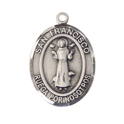 Spanish Script Women's Pewter Saint St. Francis of Assisi Medal Pendant on 18 Inch Rhodium Plated Lite Curb Brass Chain, Catholic Religious Necklace with Lobster Claw Clasp - Made in USA, Deluxe Velvet Gift Box