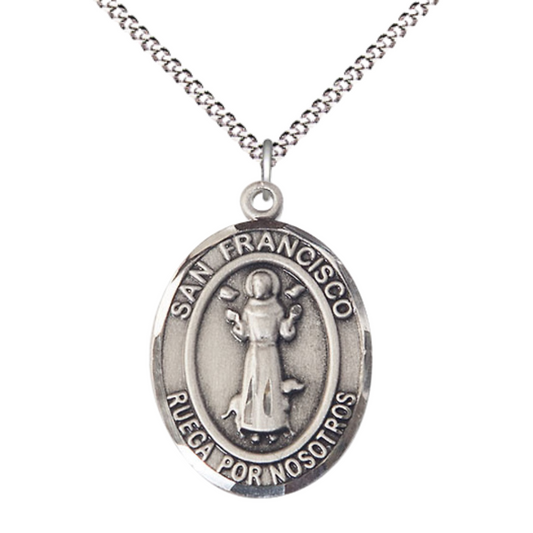 Spanish Script Women's Pewter Saint St. Francis of Assisi Medal Pendant on 18 Inch Rhodium Plated Lite Curb Brass Chain, Catholic Religious Necklace with Lobster Claw Clasp - Made in USA, Deluxe Velvet Gift Box