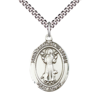 Saint St. Francis of Assisi Medal – Men's .925 Sterling Silver Pendant with 24- Inch Light Rhodium Plated Heavy Curb Chain – Patron Saint St. of Animals & Catholic Action – Velvet Gift Box Included