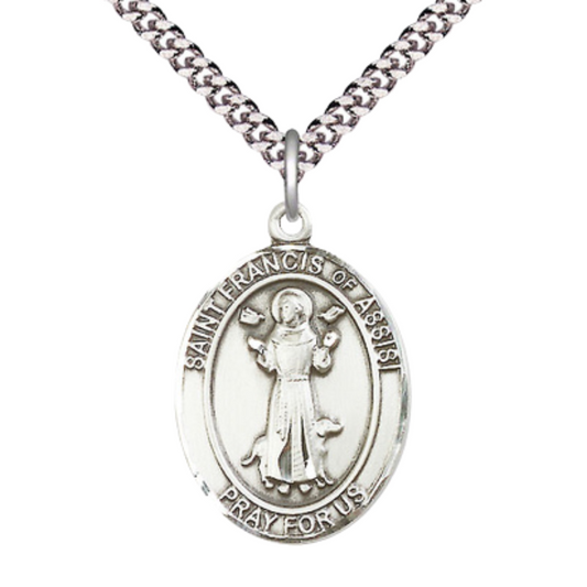 Sterling Silver St. Francis of Assisi Medal – Oval Patron Series with 24” Light Rhodium Heavy Curb Chain