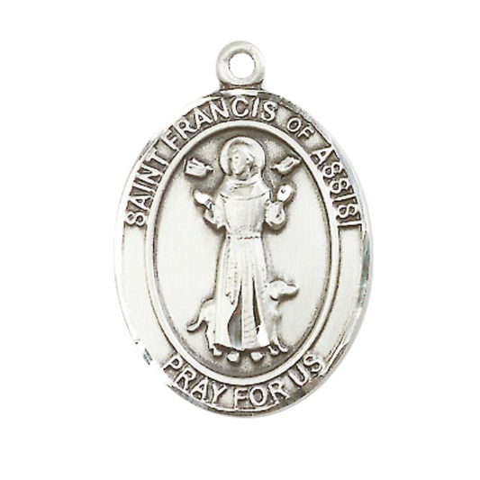 Mens .925 Sterling Silver Saint St. Francis of Assisi Medal Pendant on 24 Inch Rhodium Plated Heavy Curb Brass Chain with Lobster Claw clasp, Catholic Religious Necklace - Made in USA- Velvet Gift Box