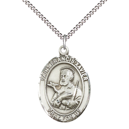Women's .925 Sterling Silver Saint St. Francis Xavier Medal Pendant on 18 Inch Rhodium Plated Lite Curb Brass Chain w/ Lobster Claw Clasp, Catholic Religious Necklace - Made in USA- Deluxe Velvet Gift Box