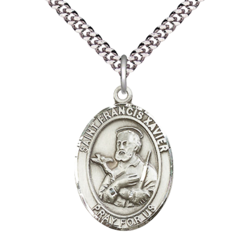 Saint St. Francis Xavier Men's Pewter Medal Necklace– Patron Saint St. of Foreign Missions – 24 Inch Light Rhodium Plated Heavy Curb Chain, Catholic Medal – Velvet Gift Box
