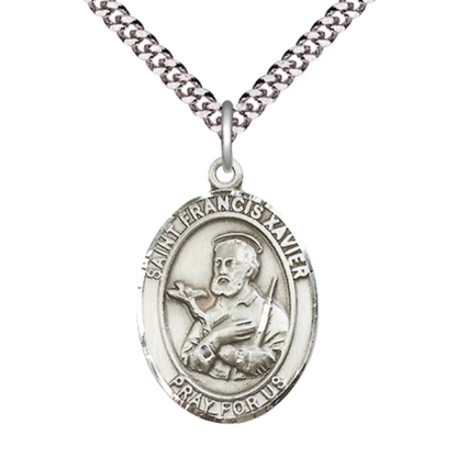 Saint St. Francis Xavier Men's Pewter Medal Necklace– Patron Saint St. of Foreign Missions – 24 Inch Light Rhodium Plated Heavy Curb Chain, Catholic Medal – Velvet Gift Box