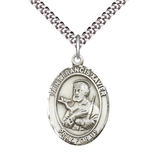 Saint St. Francis Xavier Men's Pewter Medal Necklace– Patron Saint St. of Foreign Missions – 24 Inch Light Rhodium Plated Heavy Curb Chain, Catholic Medal – Velvet Gift Box