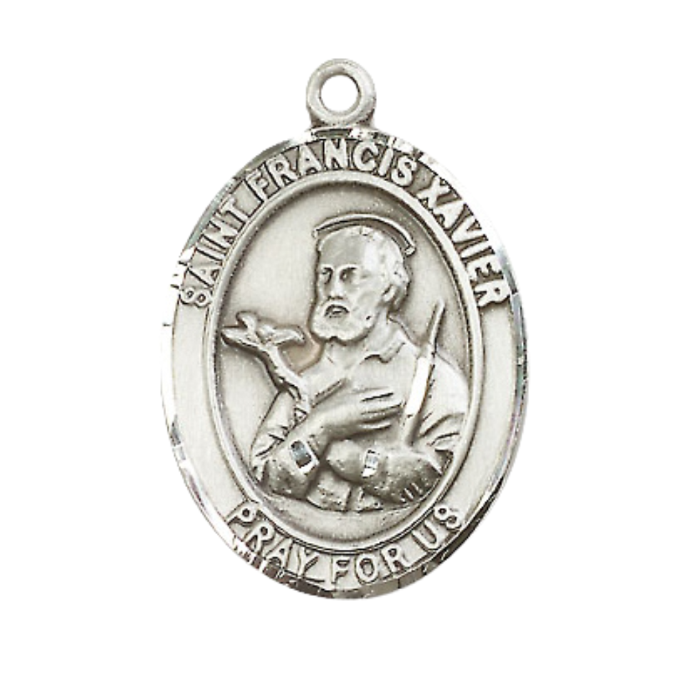 Saint St. Francis Xavier Men's Pewter Medal Necklace– Patron Saint St. of Foreign Missions – 24 Inch Light Rhodium Plated Heavy Curb Chain, Catholic Medal – Velvet Gift Box