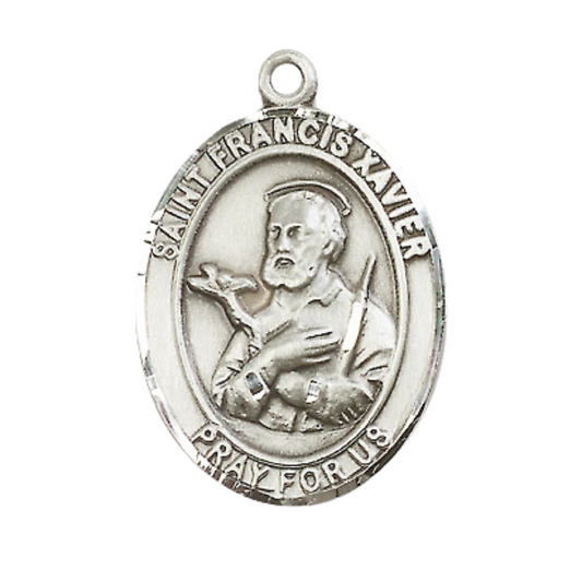 .925 Sterling Silver Saint St. Francis Xavier Medal Pendant on 24 Inch Rhodium Plated Heavy Curb Brass Chain with Lobster Claw clasp, Catholic Religious Necklace - Made in USA- Deluxe Velvet Gift Box