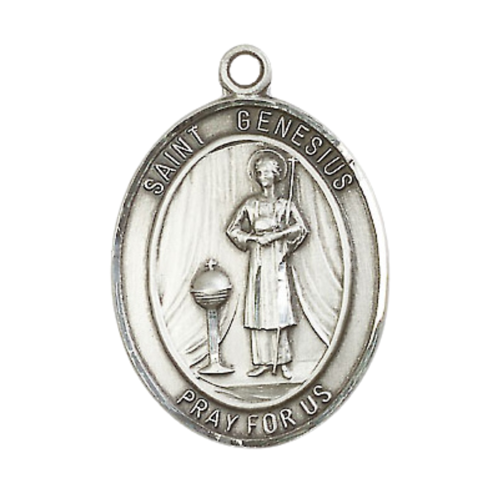 Everlasting Light Jewelry Women's Pewter Saint St. Genesius of Rome Medal Pendant Necklace with 18 Inch Rhodium Plated Lite Curb Brass Chain– Patron Saint St. of Actors & Comedians, Catholic Medal – Velvet Gift Box Included