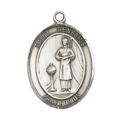 Everlasting Light Jewelry Women's Pewter Saint St. Genesius of Rome Medal Pendant Necklace with 18 Inch Rhodium Plated Lite Curb Brass Chain– Patron Saint St. of Actors & Comedians, Catholic Medal – Velvet Gift Box Included