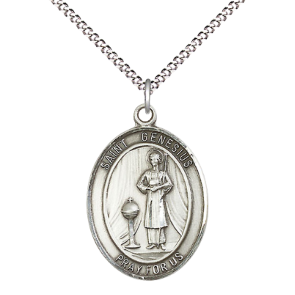 Everlasting Light Jewelry Women's Pewter Saint St. Genesius of Rome Medal Pendant Necklace with 18 Inch Rhodium Plated Lite Curb Brass Chain– Patron Saint St. of Actors & Comedians, Catholic Medal – Velvet Gift Box Included