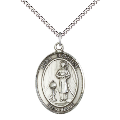 Everlasting Light Jewelry Women's Pewter Saint St. Genesius of Rome Medal Pendant Necklace with 18 Inch Rhodium Plated Lite Curb Brass Chain– Patron Saint St. of Actors & Comedians, Catholic Medal – Velvet Gift Box Included