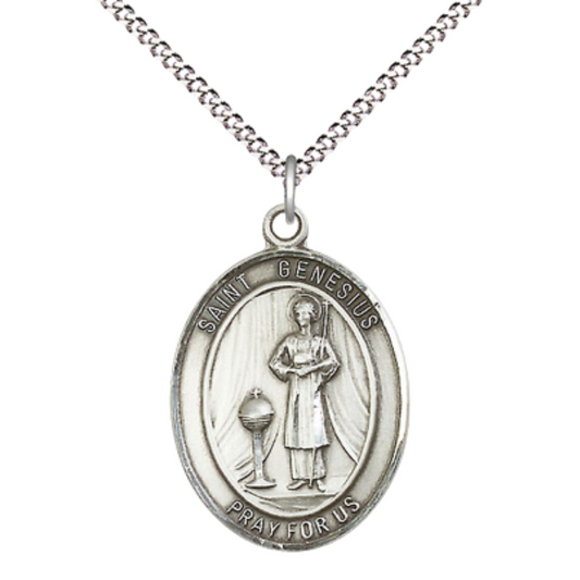 Women's .925 Sterling Silver Saint St. Genesius of Rome Medal Pendant on 18 Inch Rhodium Plated Lite Curb Brass Chain w/ Lobster Claw Clasp, Catholic Religious Necklace - Made in USA- Velvet Gift Box
