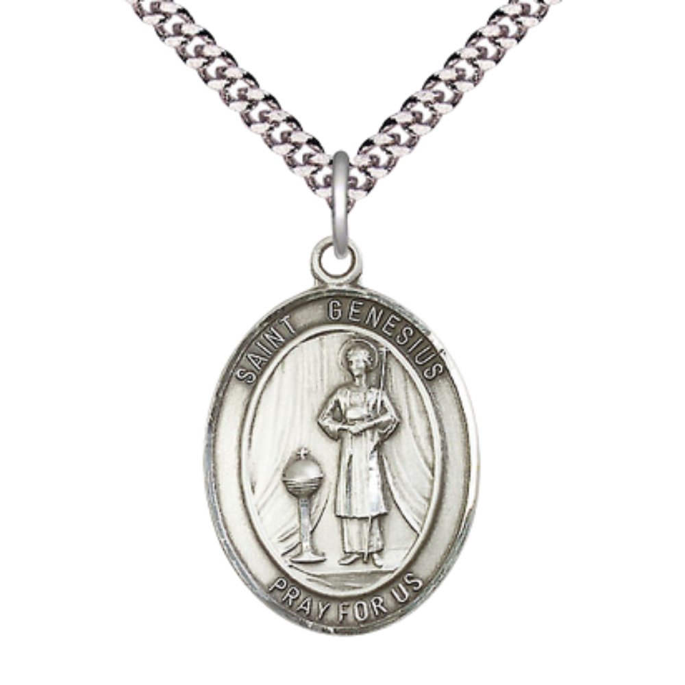 Saint St. Genesius of Rome Men's .925 Sterling Silver Medal Necklace– Patron Saint St. of Actors & Comedians – 24 Inch Light Rhodium Plated Heavy Curb Chain, Catholic Medal – Velvet Gift Box