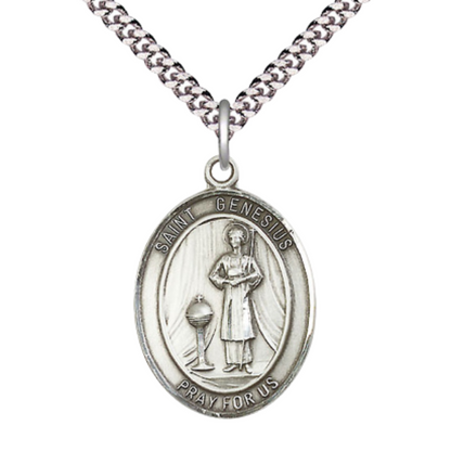 Saint St. Genesius of Rome Men's .925 Sterling Silver Medal Necklace– Patron Saint St. of Actors & Comedians – 24 Inch Light Rhodium Plated Heavy Curb Chain, Catholic Medal – Velvet Gift Box