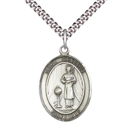 Saint St. Genesius of Rome Men's Pewter Medal Necklace– Patron Saint St. of Actors & Comedians – 24 Inch Light Rhodium Plated Heavy Curb Chain, Catholic Medal – Velvet Gift Box