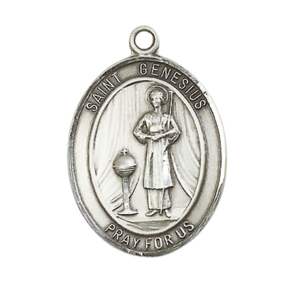 Saint St. Genesius of Rome Men's .925 Sterling Silver Medal Necklace– Patron Saint St. of Actors & Comedians – 24 Inch Light Rhodium Plated Heavy Curb Chain, Catholic Medal – Velvet Gift Box