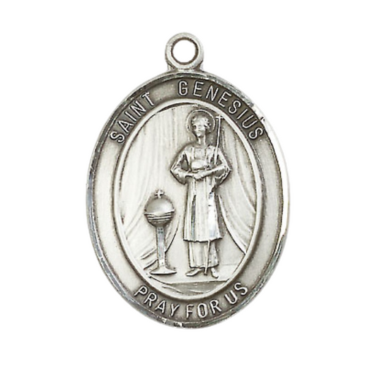Mens Sterling Silver Saint Genesius of Rome Medal Pendant on 24" Rhodium Plated Heavy Curb Brass Chain with Lobster Claw clasp, Catholic Religious Necklace -Made in USA- Velvet Gift Box