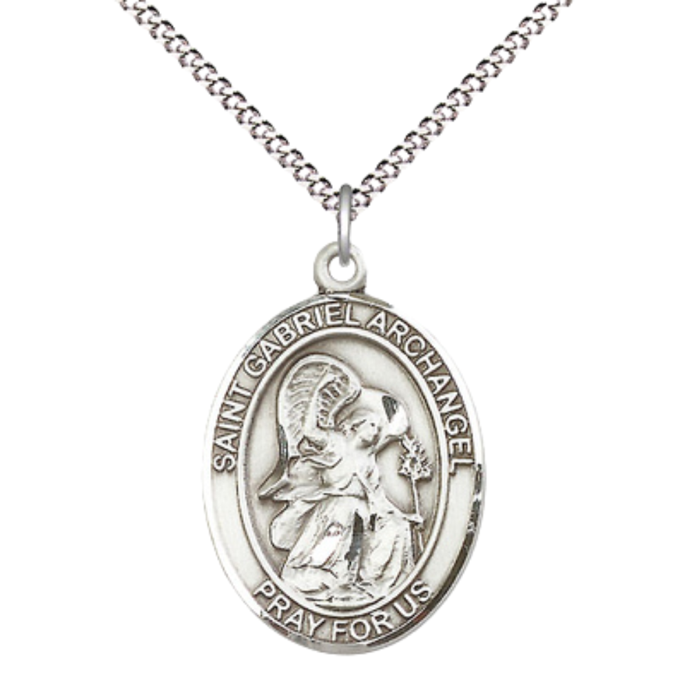 Everlasting Light Jewelry Women's Pewter Saint St. Gabriel the Archangel Medal Pendant Necklace with 18 Inch Rhodium Plated Lite Curb Brass Chain– Patron Saint St. of Messengers, Catholic Medal – Velvet Gift Box Included