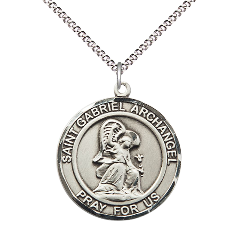 Women's Pewter Saint St. Gabriel the Archangel Medal Pendant on 18 Inch Rhodium Plated Lite Curb Brass Chain w/ Lobster Claw Clasp, Catholic Religious Necklace - Made in USA- Deluxe Velvet Gift Box