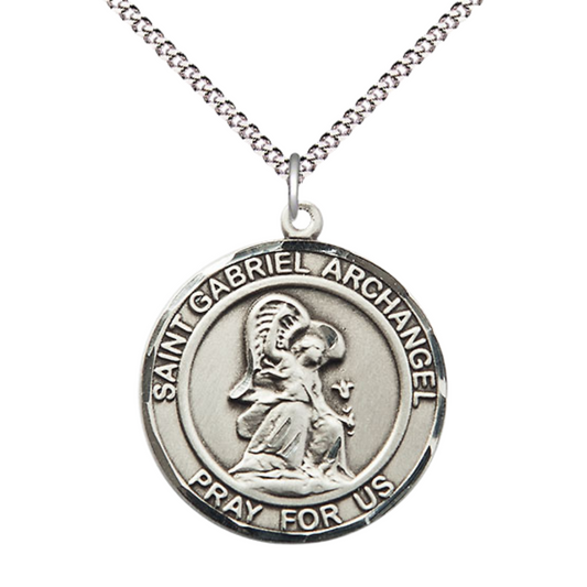 Women's .925 Sterling Silver Saint St. Gabriel the Archangel Medal Pendant on 18 Inch Rhodium Plated Lite Curb Brass Chain w/ Lobster Claw Clasp, Catholic Religious Necklace - Made in USA- Velvet Gift Box