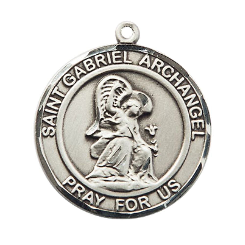 Mens Round Pewter Saint St. Gabriel the Archangel Medal Pendant on 24 Inch Rhodium Plated Heavy Curb Brass Chain with Lobster Claw clasp, Catholic Religious Necklace - Made in USA- Velvet Gift Box