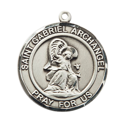 Mens Round Pewter Saint St. Gabriel the Archangel Medal Pendant on 24 Inch Rhodium Plated Heavy Curb Brass Chain with Lobster Claw clasp, Catholic Religious Necklace - Made in USA- Velvet Gift Box