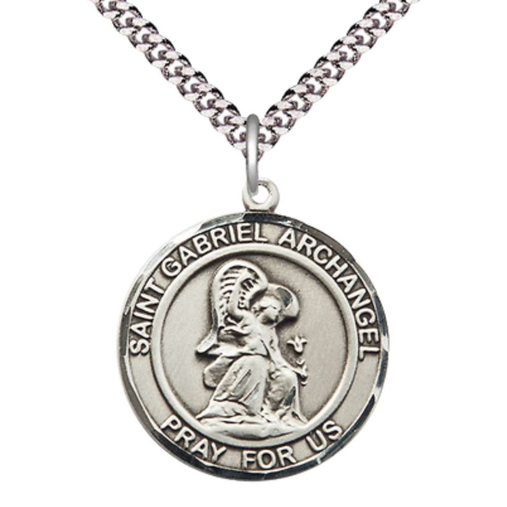 Mens Round Pewter Saint St. Gabriel the Archangel Medal Pendant on 24 Inch Rhodium Plated Heavy Curb Brass Chain with Lobster Claw clasp, Catholic Religious Necklace - Made in USA- Velvet Gift Box