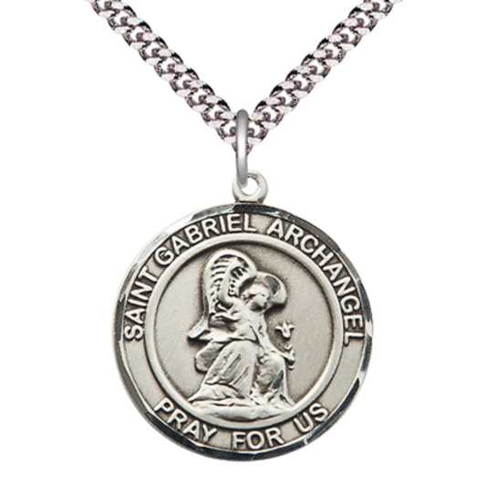 Mens Round Pewter Saint St. Gabriel the Archangel Medal Pendant on 24 Inch Rhodium Plated Heavy Curb Brass Chain with Lobster Claw clasp, Catholic Religious Necklace - Made in USA- Velvet Gift Box