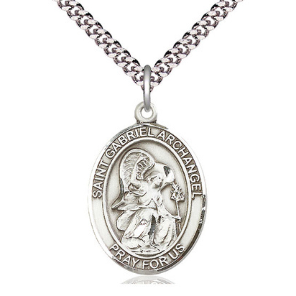 Sterling Silver Saint Gabriel the Archangel Medal – Patron Saint of Messengers with 24” Light Rhodium Heavy Curb Chain