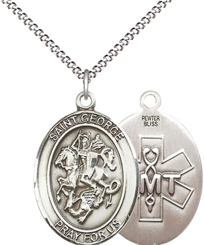 Women's Pewter Saint St. George EMT Medal Pendant Necklace with 18- Inch Rhodium Plated Lite Curb Brass Chain, Catholic Medal - Patron Saint. of Soldiers and First Responders – Gift for EMTs in Velvet Box
