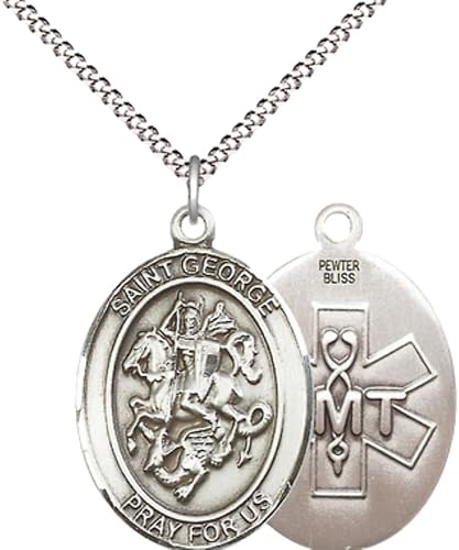 Women's Pewter Saint St. George EMT Medal Pendant Necklace with 18- Inch Rhodium Plated Lite Curb Brass Chain, Catholic Medal - Patron Saint. of Soldiers and First Responders – Gift for EMTs in Velvet Box
