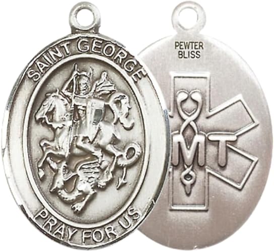 Mens 1 x 3/4" Oval Pewter Saint St. George EMT Medal Pendant on 24 Inch Rhodium Plated Heavy Curb Brass Chain with Lobster Claw clasp, Catholic Religious Necklace - Made in USA- Velvet Gift Box