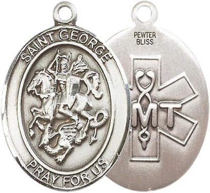 Mens 1 x 3/4" Oval Pewter Saint St. George EMT Medal Pendant on 24 Inch Rhodium Plated Heavy Curb Brass Chain with Lobster Claw clasp, Catholic Religious Necklace - Made in USA- Velvet Gift Box