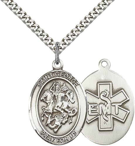 Everlasting Light Jewelry Men's Pewter Saint St. George EMT Medal Pendant Necklace with 24- Inch Rhodium Plated Chain, Catholic Medal - Patron Saint. of Soldiers and First Responders – Gift for EMTs in Velvet Box