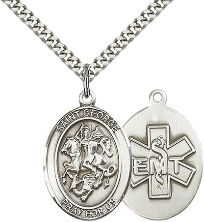 Mens 1 x 3/4" Oval Pewter Saint St. George EMT Medal Pendant on 24 Inch Rhodium Plated Heavy Curb Brass Chain with Lobster Claw clasp, Catholic Religious Necklace - Made in USA- Velvet Gift Box