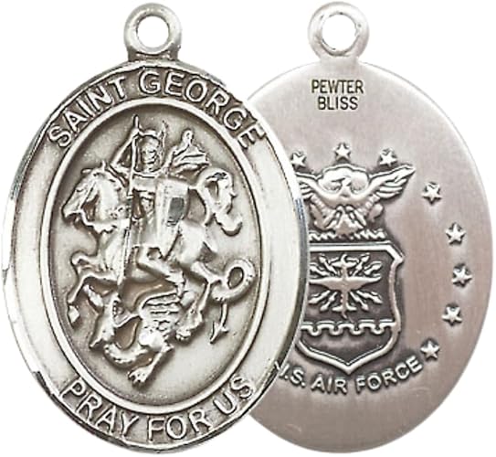Women's Pewter Saint St. George Air Force Medal Pendant Necklace with 18- Inch Rhodium Plated Lite Curb Brass Chain – Patron Saint St. of Soldiers and Boy Scouts, Catholic Medal – Velvet Gift Box Included