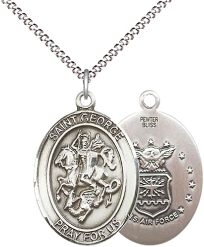 Women's Pewter Saint St. George Air Force Medal Pendant Necklace with 18- Inch Rhodium Plated Lite Curb Brass Chain – Patron Saint St. of Soldiers and Boy Scouts, Catholic Medal – Velvet Gift Box Included