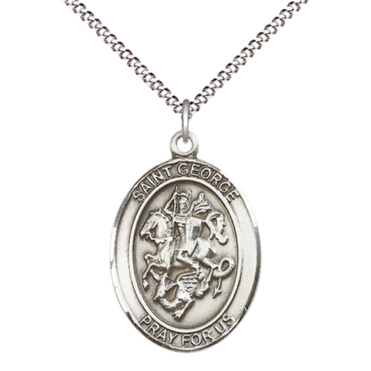 Women's .925 Sterling Silver Saint St. George Medal Pendant on 18 Inch Rhodium Plated Lite Curb Brass Chain with Lobster Claw Clasp, Catholic Religious Necklace - Made in USA- Deluxe Velvet Gift Box