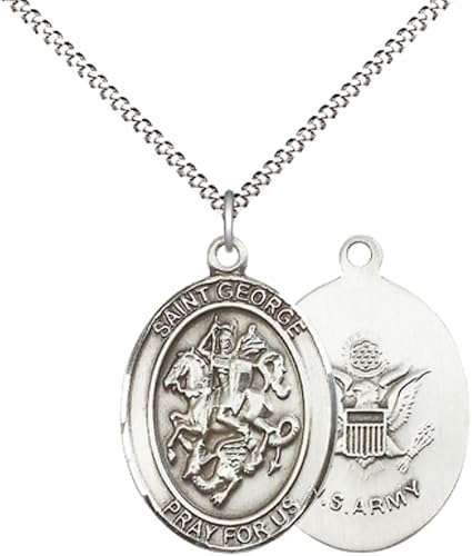 Women's Pewter Saint St. George Army Medal Pendant Necklace with 18- Inch Rhodium Plated Lite Curb Brass Chain, Catholic Medal - Patron Saint. of Soldiers and Boy Scouts – Military Gift in Velvet Box