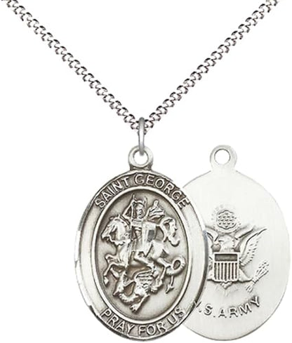 Women's Pewter Saint St. George Army Medal Pendant Necklace with 18- Inch Rhodium Plated Lite Curb Brass Chain, Catholic Medal - Patron Saint. of Soldiers and Boy Scouts – Military Gift in Velvet Box