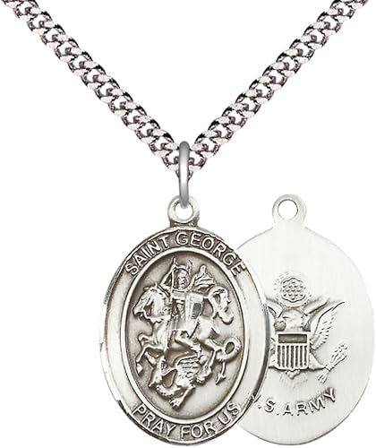 Mens 1 x 3/4" Oval Pewter Saint George Army Medal Pendant on 24" Rhodium Plated Heavy Curb Brass Chain with Lobster Claw clasp, Catholic Religious Necklace -Made in USA- Velvet Gift Box