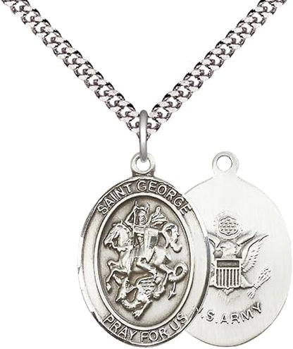 Mens 1 x 3/4" Oval Pewter Saint George Army Medal Pendant on 24" Rhodium Plated Heavy Curb Brass Chain with Lobster Claw clasp, Catholic Religious Necklace -Made in USA- Velvet Gift Box