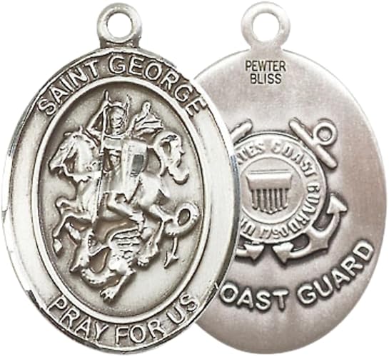 Women's Pewter Saint St. George Coast Guard Medal Pendant Necklace– 1" x ¾" – 18 Inch Rhodium Plated Lite Curb Brass Chain with Lobster Claw Clasp, Catholic Medal - Patron Saint. of Boy Scouts & Soldiers – Velvet Gift Box
